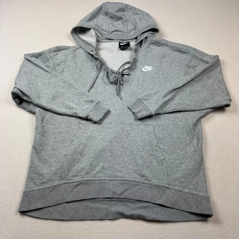 Nike‎ Women's Gray Lace-Up Hoodie Sweatshirt Size Small Logo Pullover Fleece